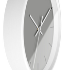 Stardust grey silent wall clock, white base, white hands, black markers, 10 inch, side view.