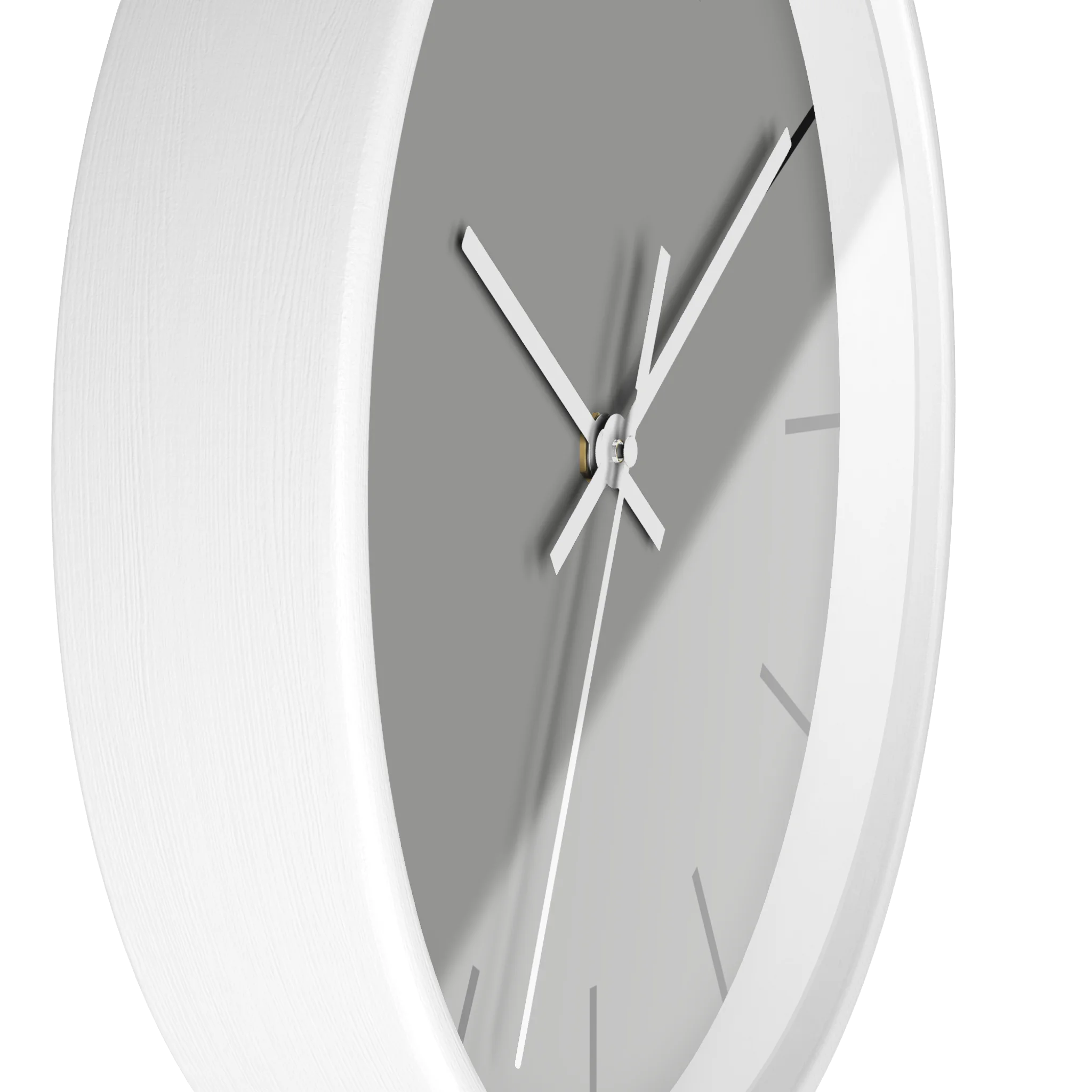 Stardust grey silent wall clock, white base, white hands, black markers, 10 inch, side view.