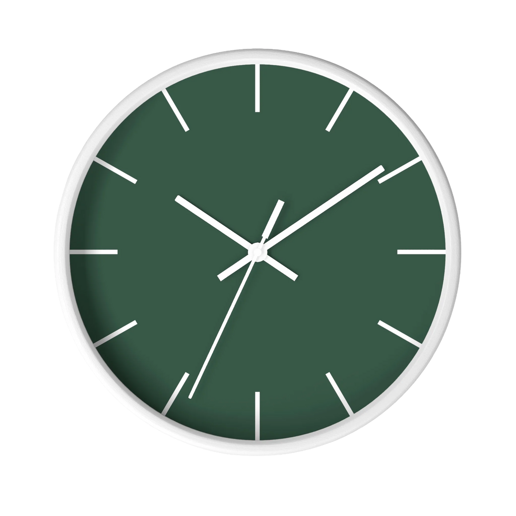 Stromboli green silent wall clock, white base, white hands, white markers, 10 inch, front view.