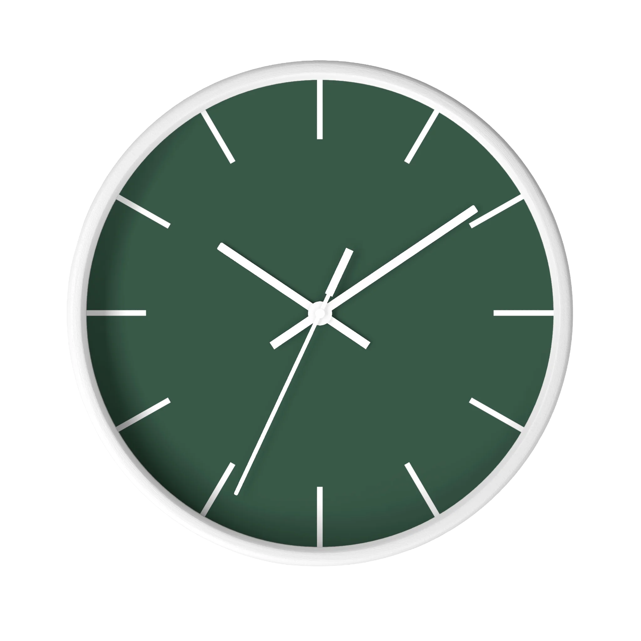 Stromboli green silent wall clock, white base, white hands, white markers, 10 inch, front view.