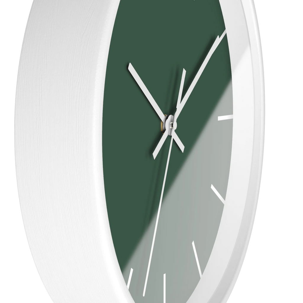 Stromboli green silent wall clock, white base, white hands, white markers, 10 inch, side view.