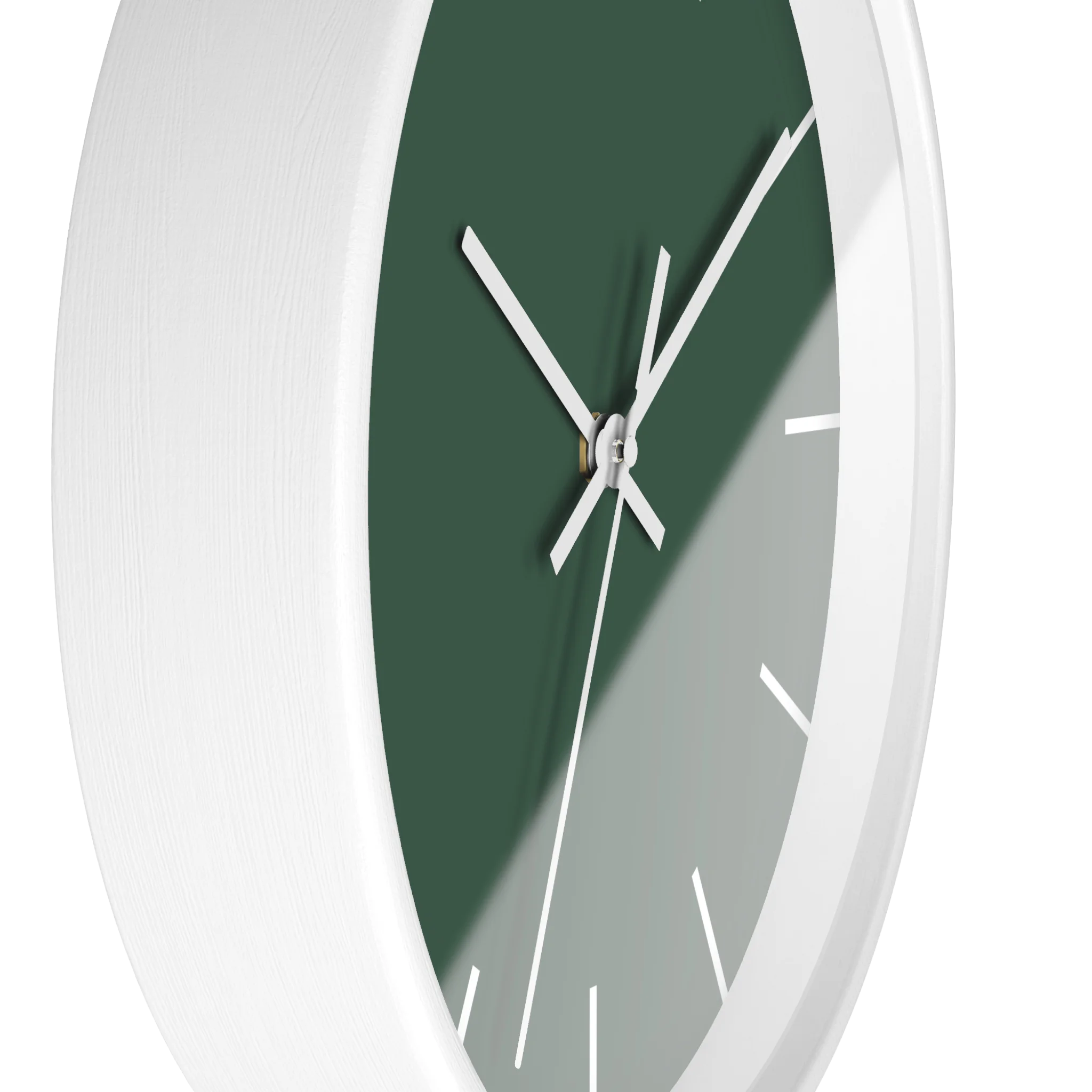 Stromboli green silent wall clock, white base, white hands, white markers, 10 inch, side view.
