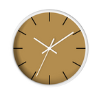 Tan driftwood brown silent wall clock, white base, white hands, black markers, 10 inch, front view.