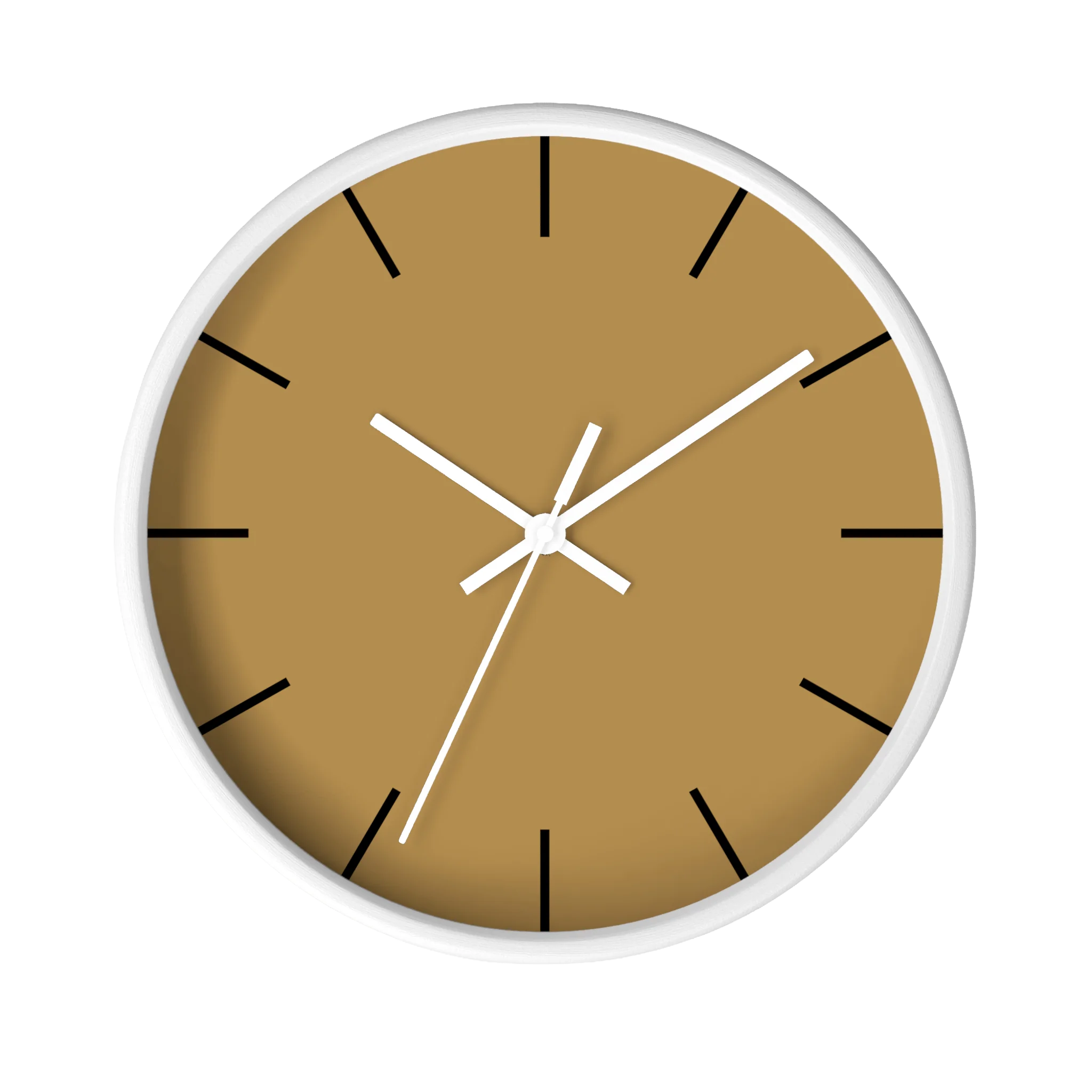 Tan driftwood brown silent wall clock, white base, white hands, black markers, 10 inch, front view.