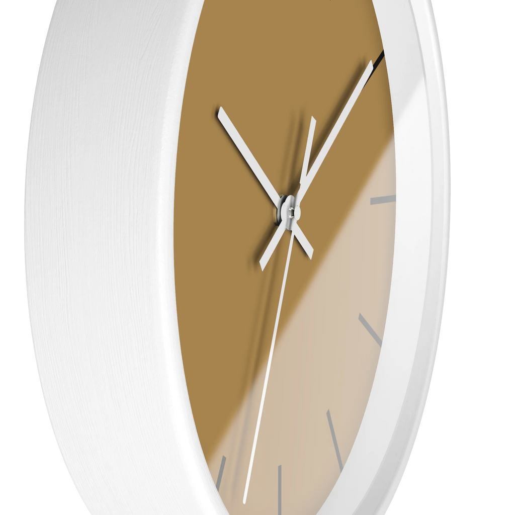 Tan driftwood brown silent wall clock, white base, white hands, black markers, 10 inch, side view.