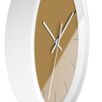 Tan driftwood brown silent wall clock, white base, white hands, black markers, 10 inch, side view.