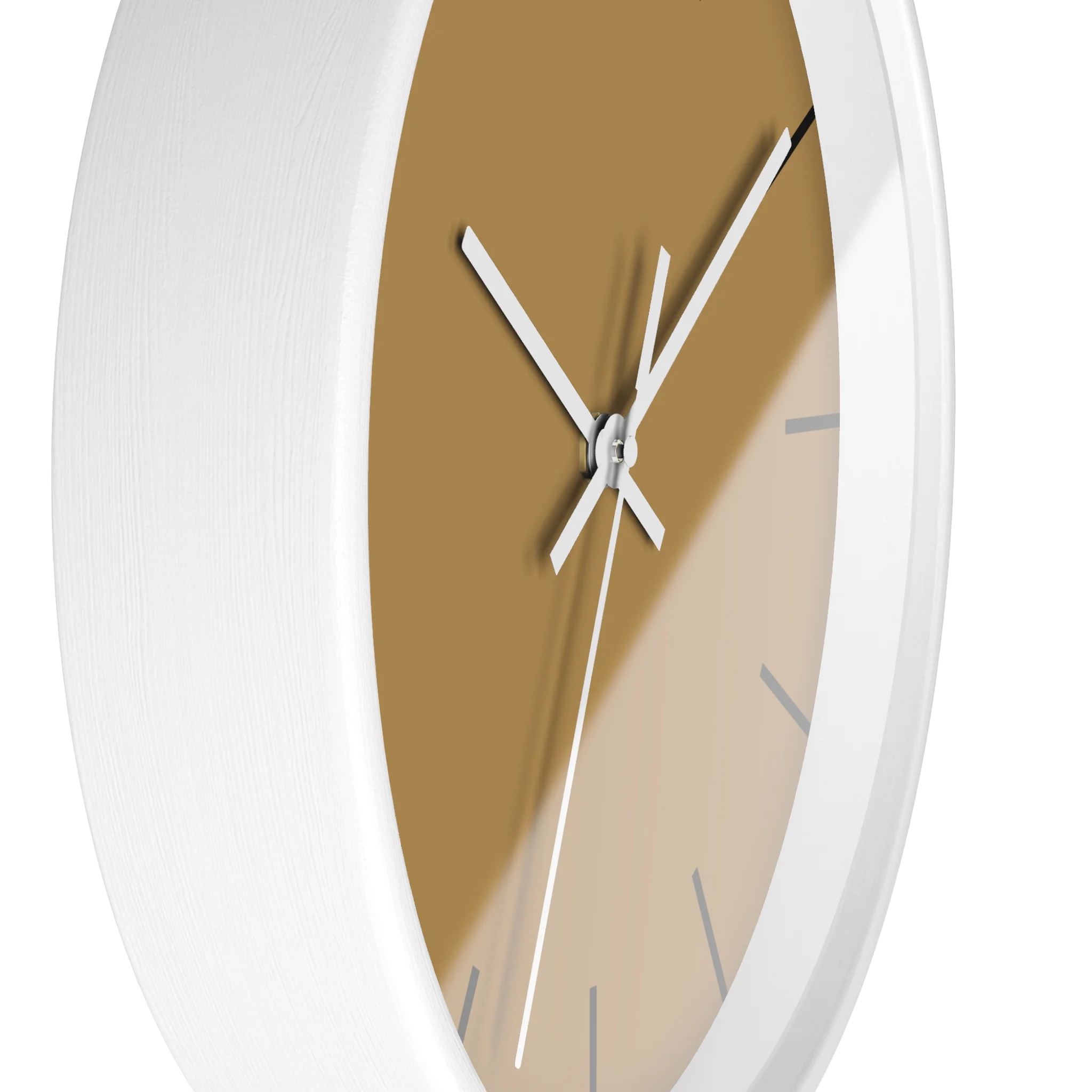 Tan driftwood brown silent wall clock, white base, white hands, black markers, 10 inch, side view.