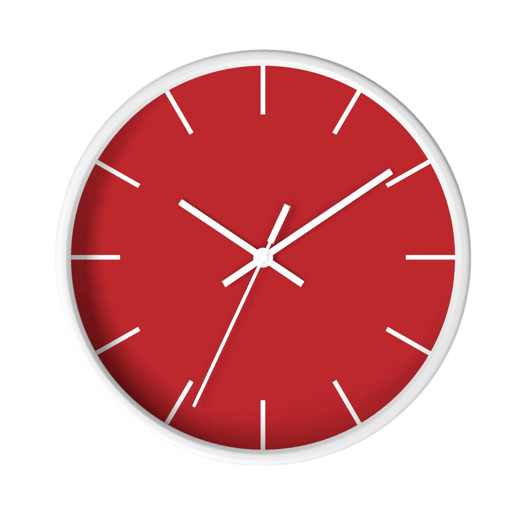Traditional Red silent wall clock, white base, white hands, white markers, 10 inch, front view.