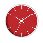 Traditional Red silent wall clock, white base, white hands, white markers, 10 inch, front view.