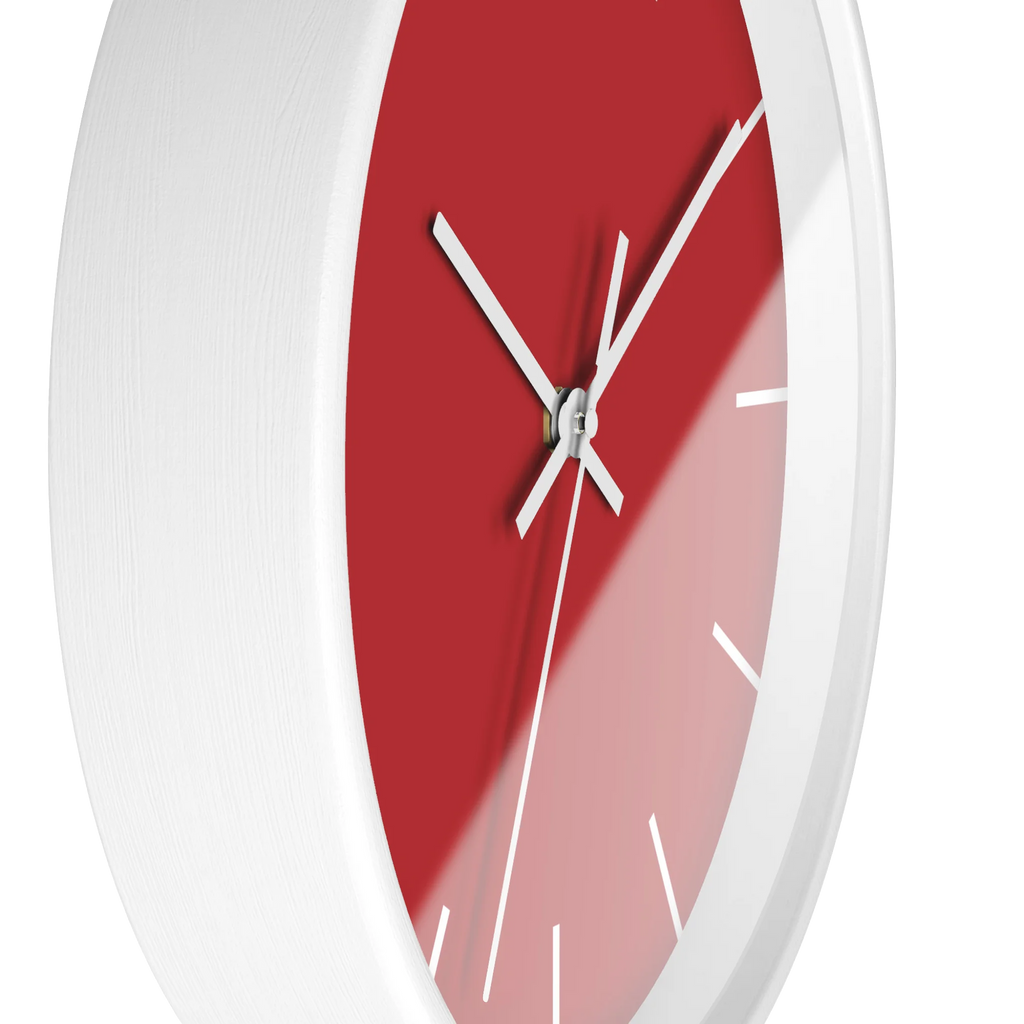 Traditional Red silent wall clock, white base, white hands, white markers, 10 inch, side view.