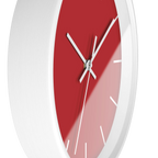 Traditional Red silent wall clock, white base, white hands, white markers, 10 inch, side view.