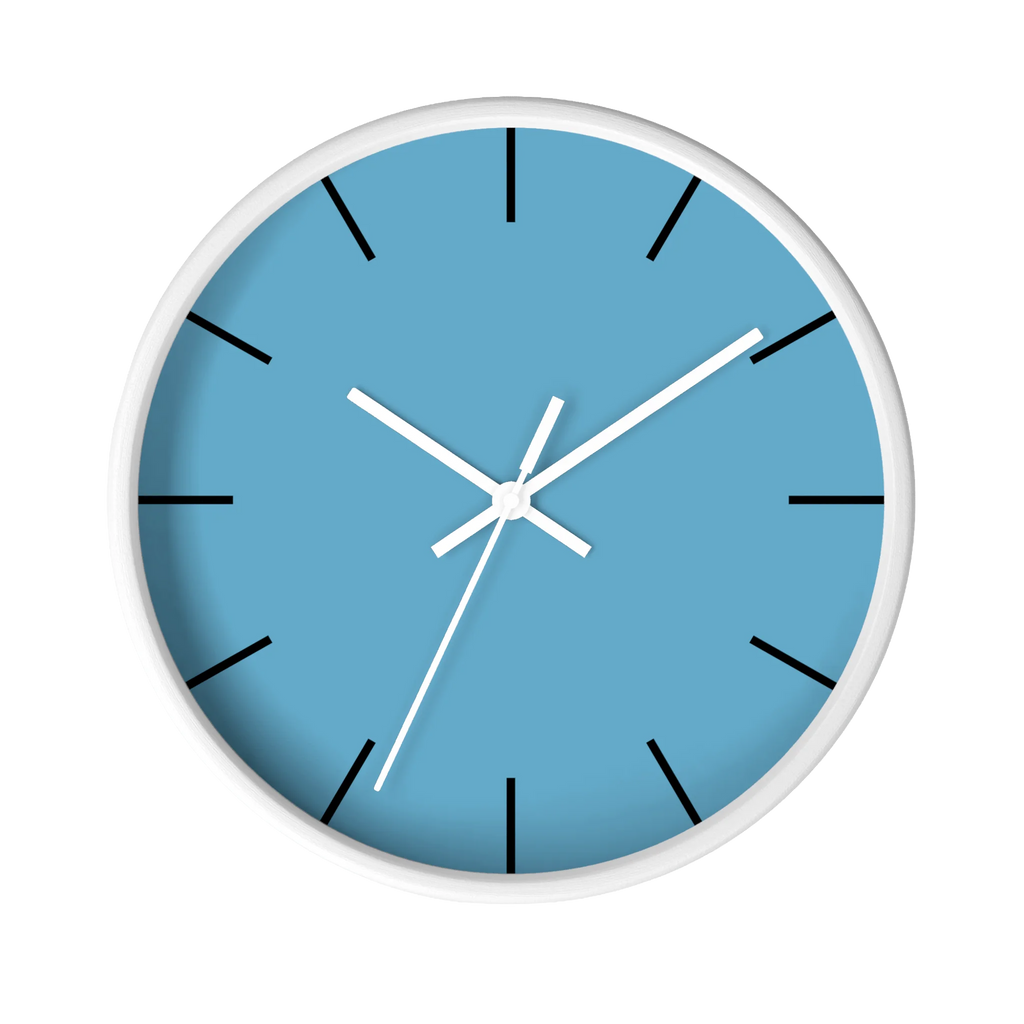 Vintage aqua silent wall clock, white base, white hands, black markers, 10 inch, front view.
