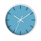 Vintage aqua silent wall clock, white base, white hands, black markers, 10 inch, front view.