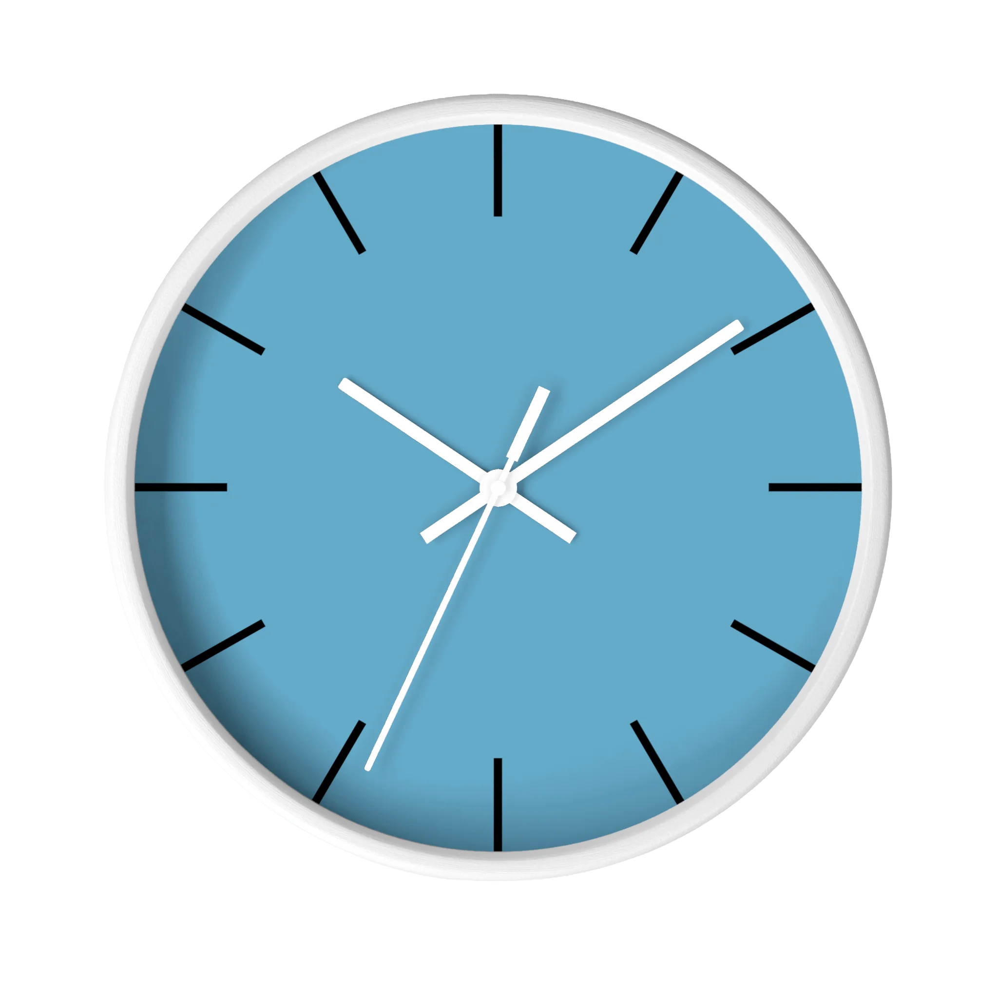 Vintage aqua silent wall clock, white base, white hands, black markers, 10 inch, front view.