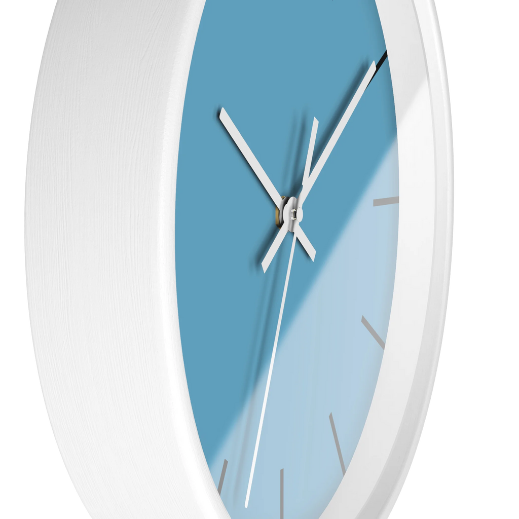 Vintage aqua silent wall clock, white base, white hands, black markers, 10 inch, side view.
