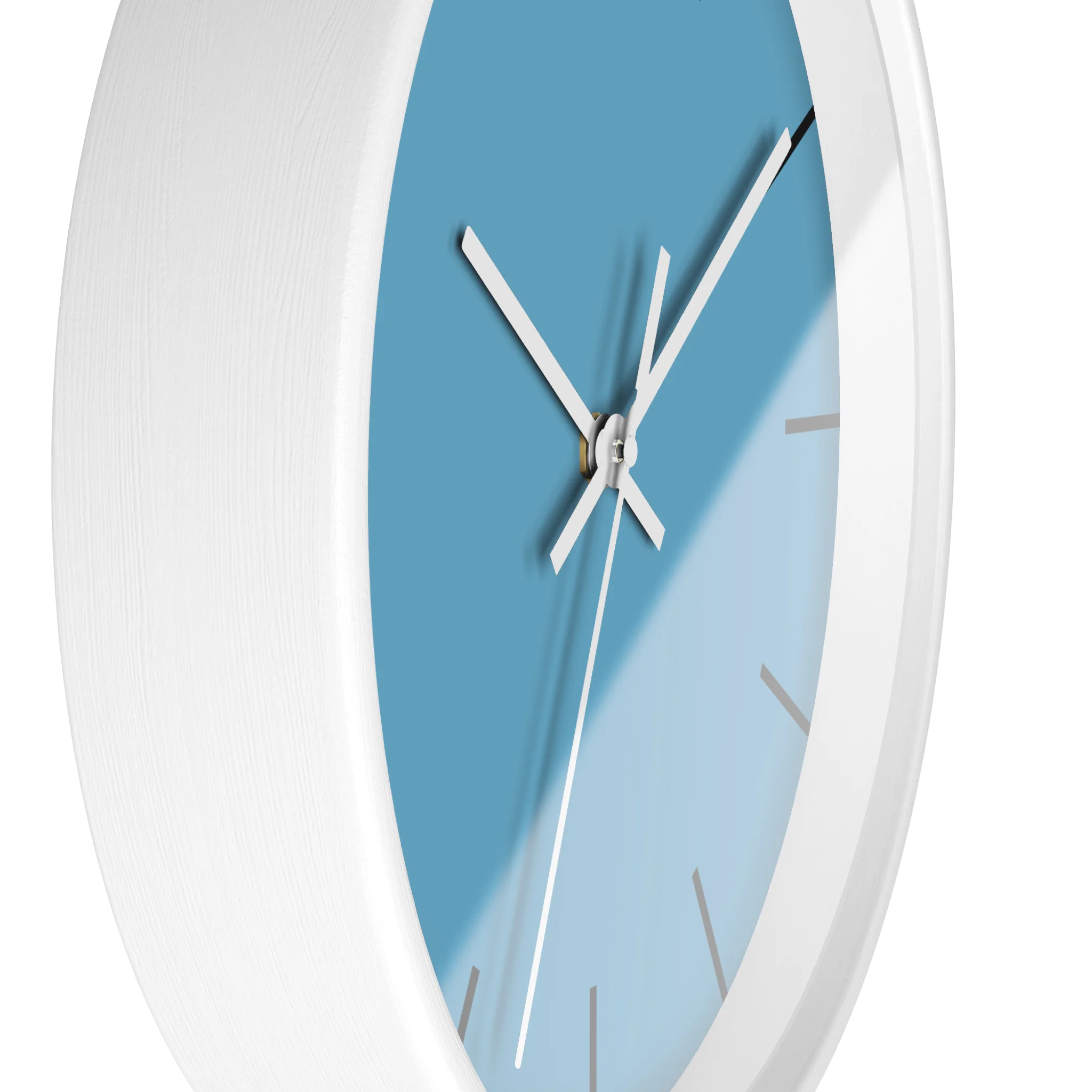 Vintage aqua silent wall clock, white base, white hands, black markers, 10 inch, side view.