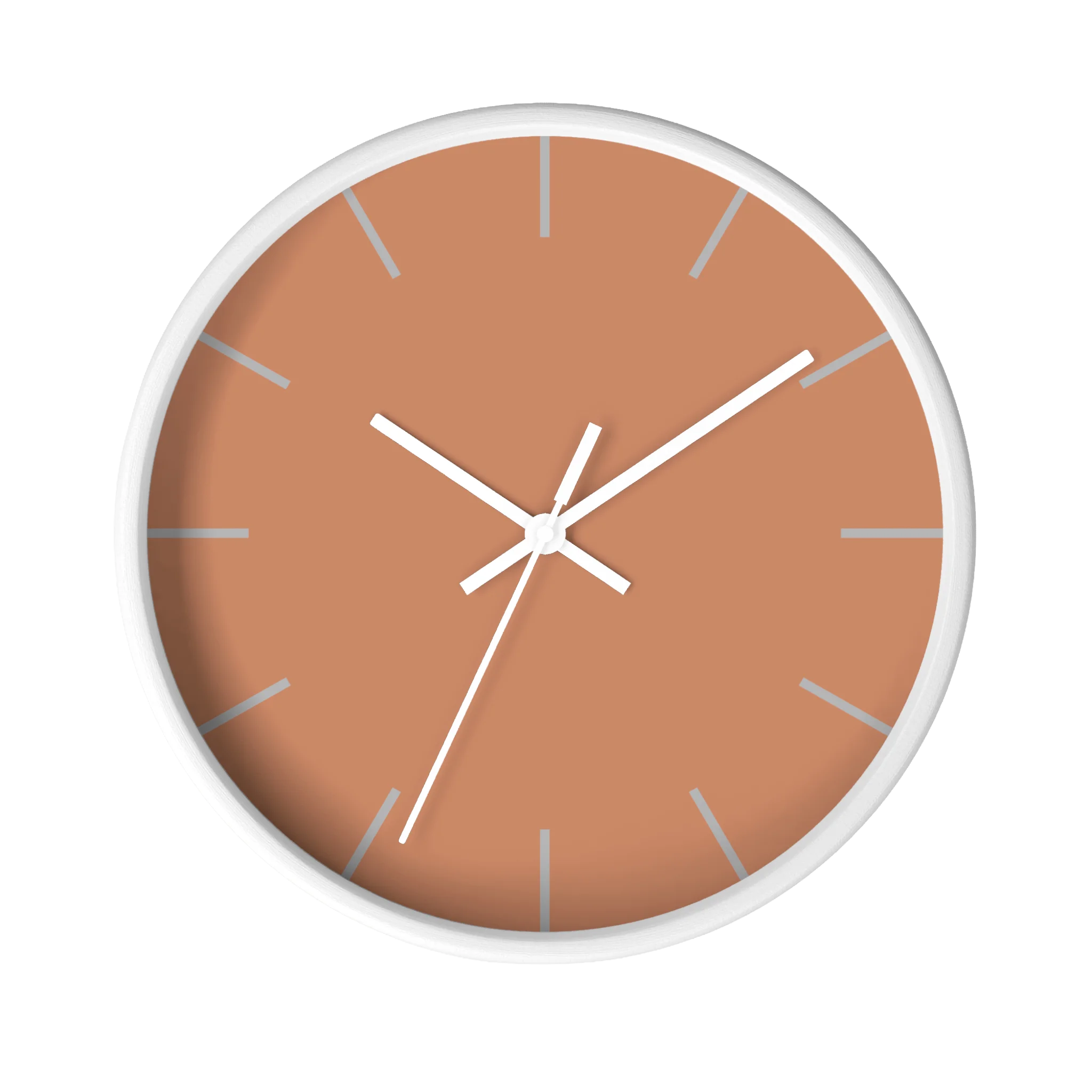 Vintage salmon silent wall clock, white base, white hands, light grey markers, 10 inch, front view.