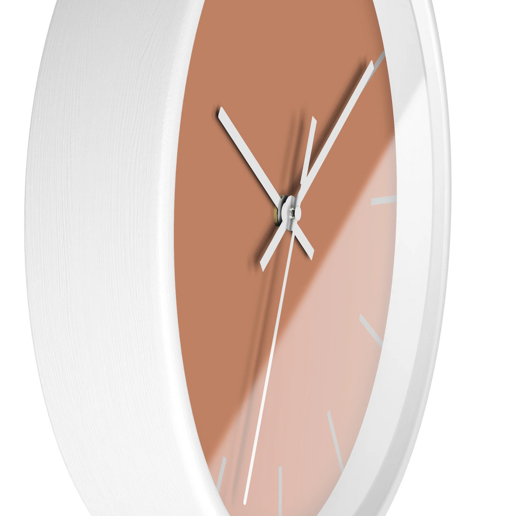 Vintage salmon silent wall clock, white base, white hands, light grey markers, 10 inch, side view.