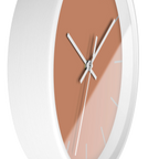 Vintage salmon silent wall clock, white base, white hands, light grey markers, 10 inch, side view.