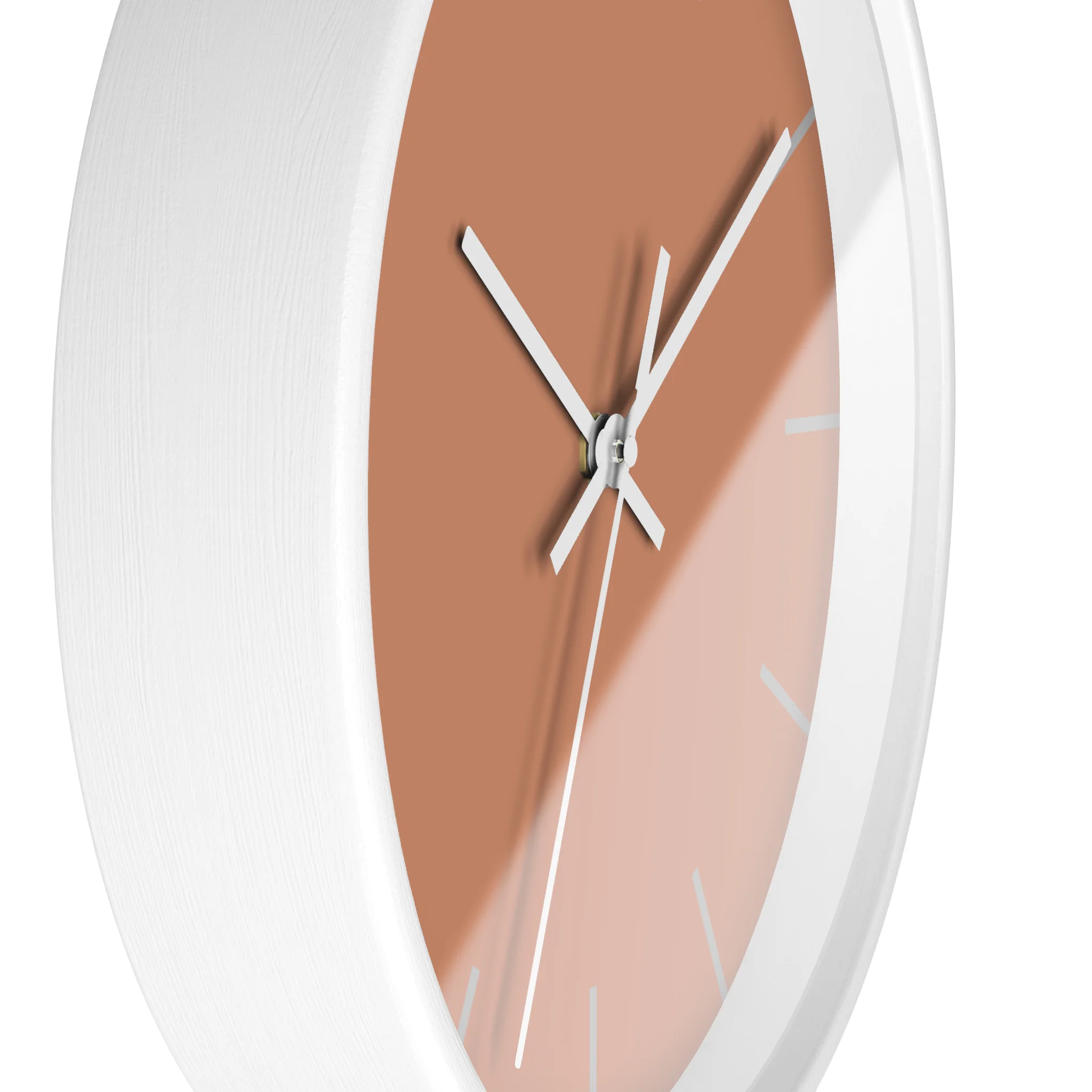 Vintage salmon silent wall clock, white base, white hands, light grey markers, 10 inch, side view.