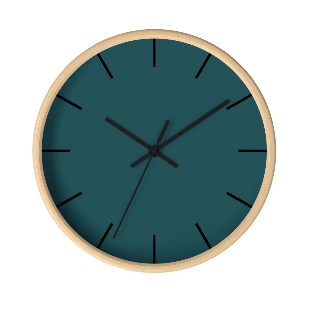 Abstract teal silent wall clock, wooden base, black hands, black markers, 10 inch, front view.