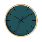 Abstract teal silent wall clock, wooden base, black hands, black markers, 10 inch, front view.