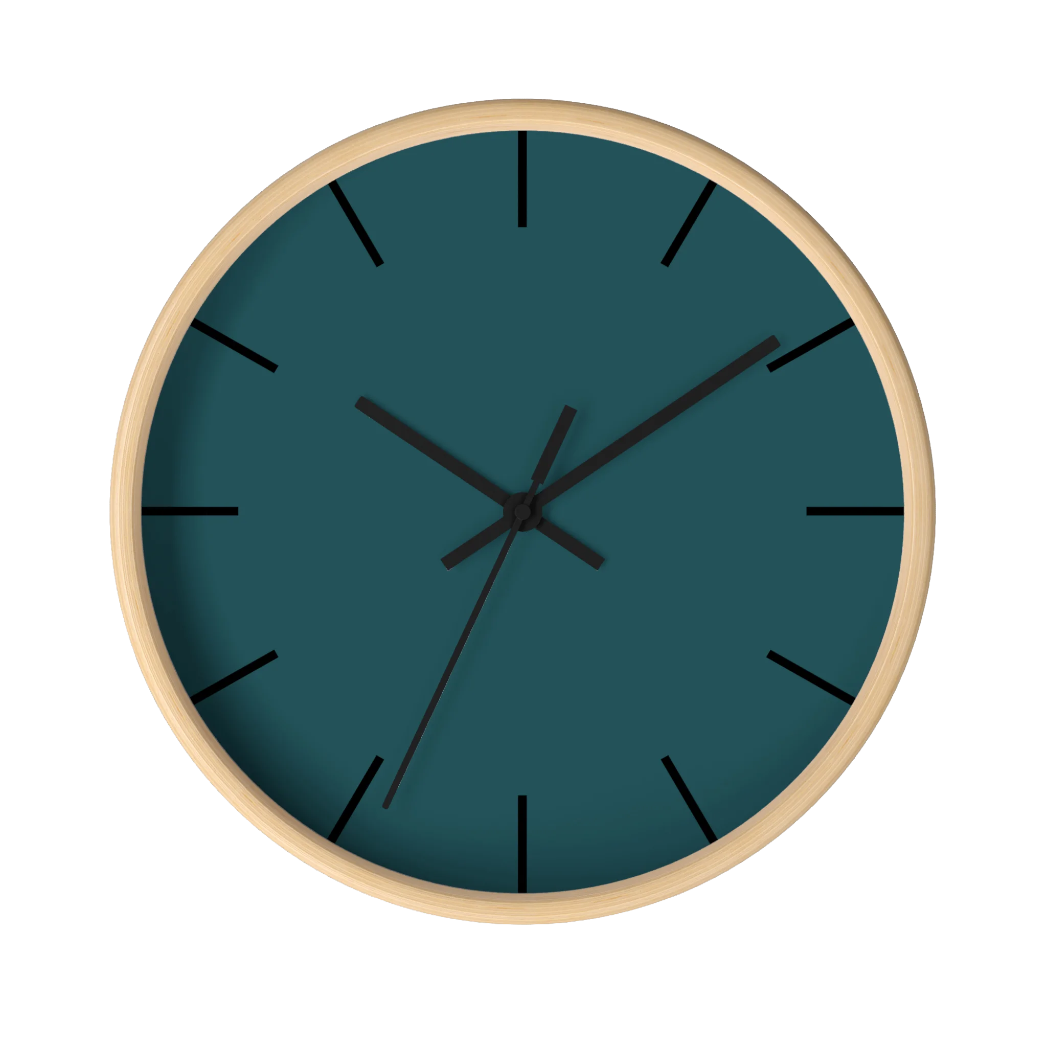 Abstract teal silent wall clock, wooden base, black hands, black markers, 10 inch, front view.