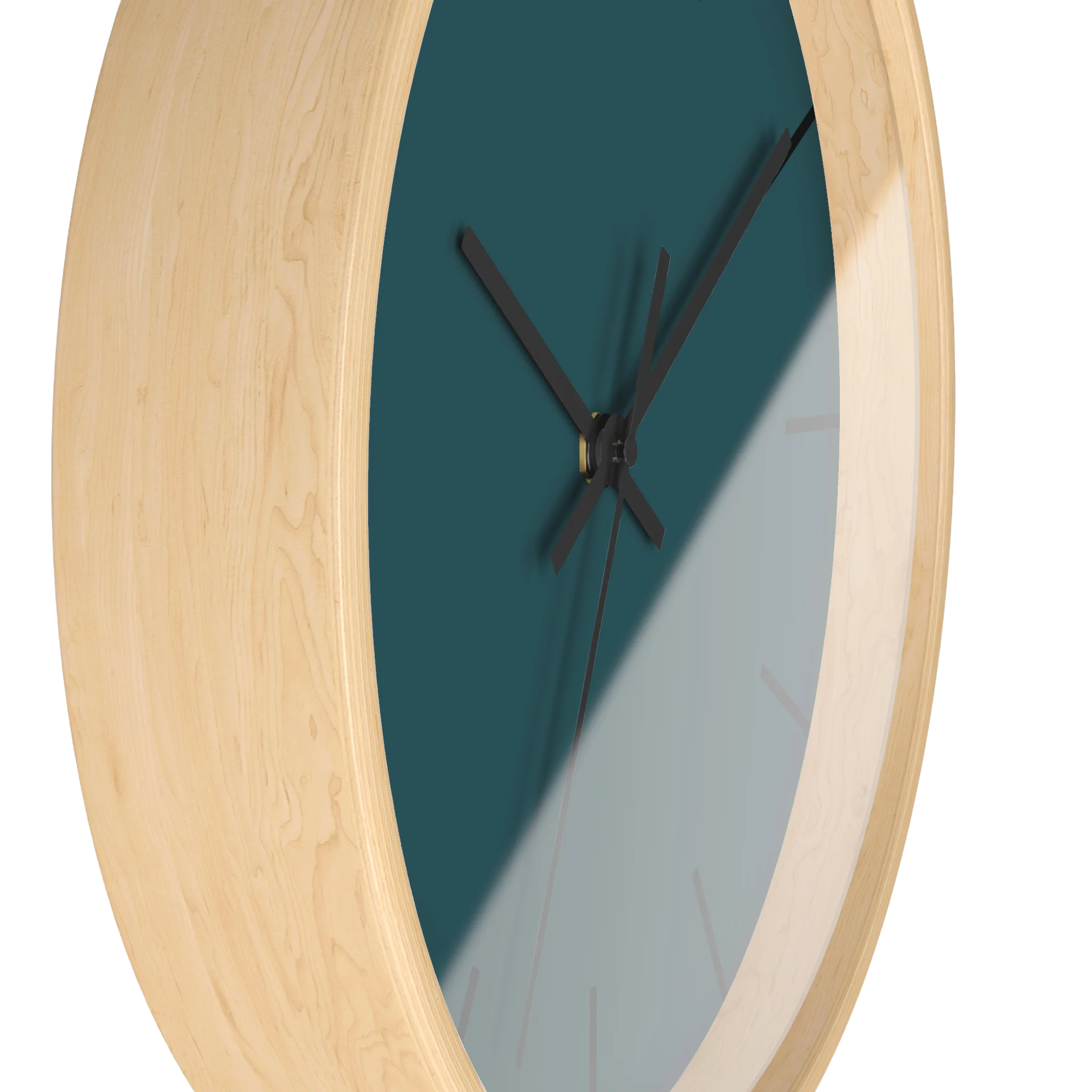 Abstract teal silent wall clock, wooden base, black hands, black markers, 10 inch, side view.