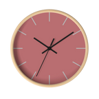 Adore pink silent wall clock, wooden base, black hands, stardust grey markers, 10 inch, front view.