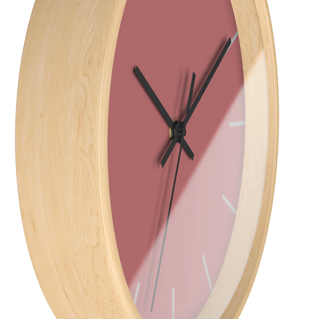 Adore pink silent wall clock, wooden base, black hands, stardust grey markers, 10 inch, side view.