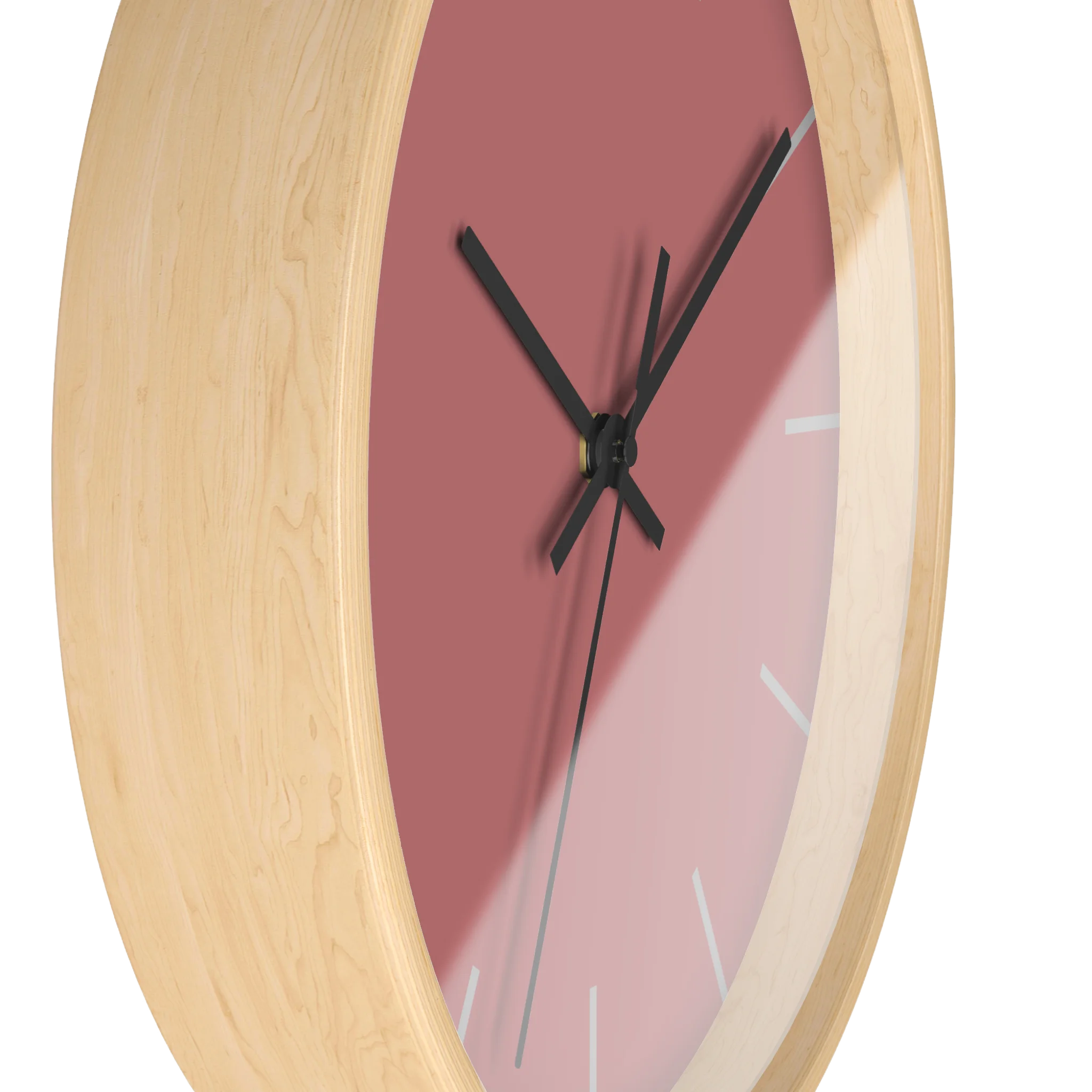 Adore pink silent wall clock, wooden base, black hands, stardust grey markers, 10 inch, side view.