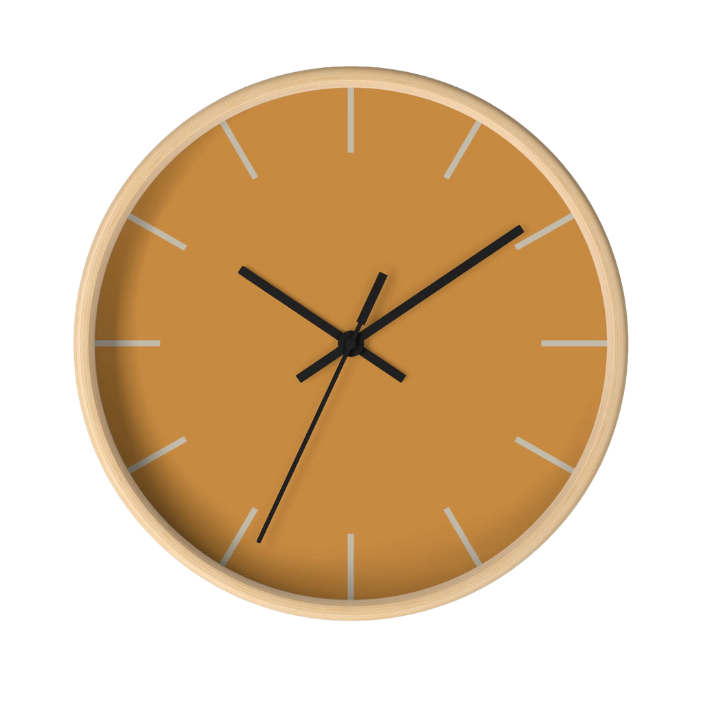 Amber apple cider silent wall clock, wooden base, black hands, ivory grey markers, 10 inch, front view.