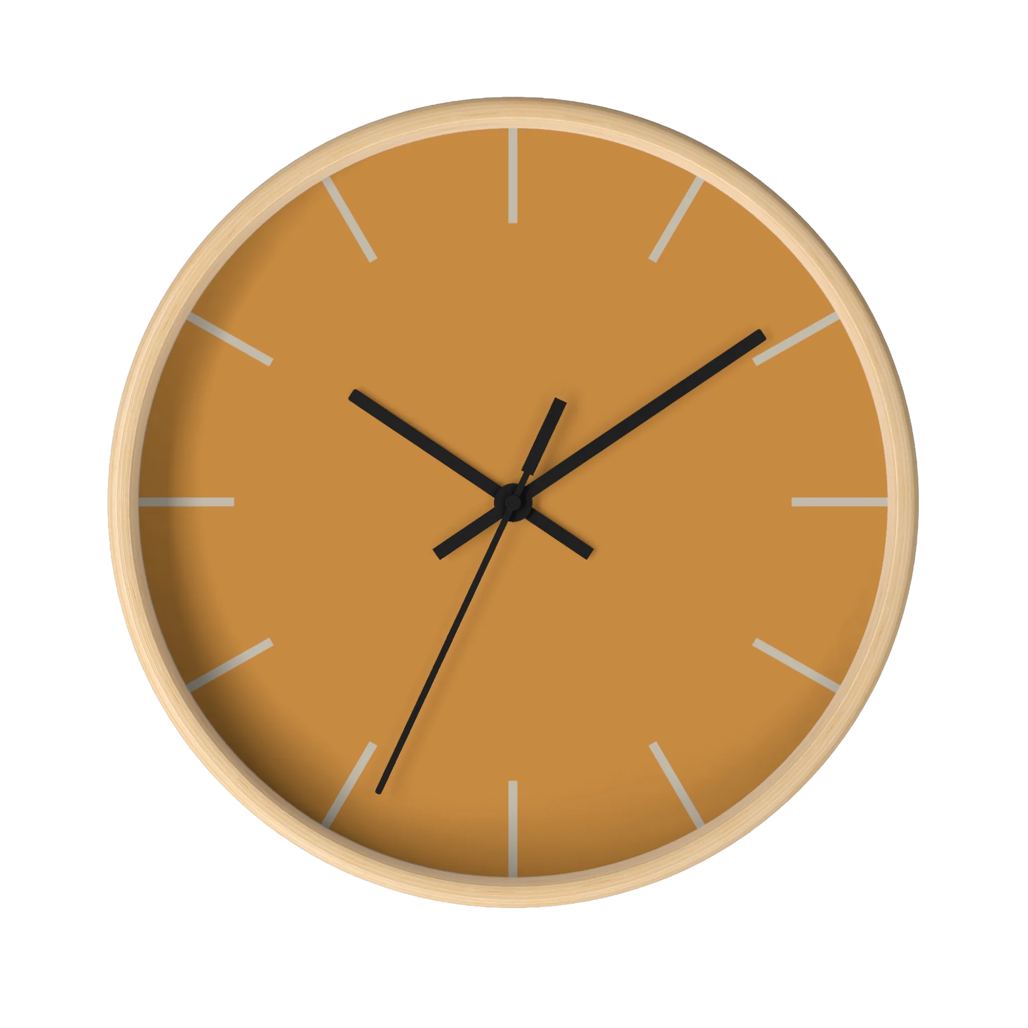 Amber apple cider silent wall clock, wooden base, black hands, ivory grey markers, 10 inch, front view.