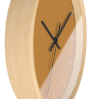 Amber apple cider silent wall clock, wooden base, black hands, ivory grey markers, 10 inch, side view.