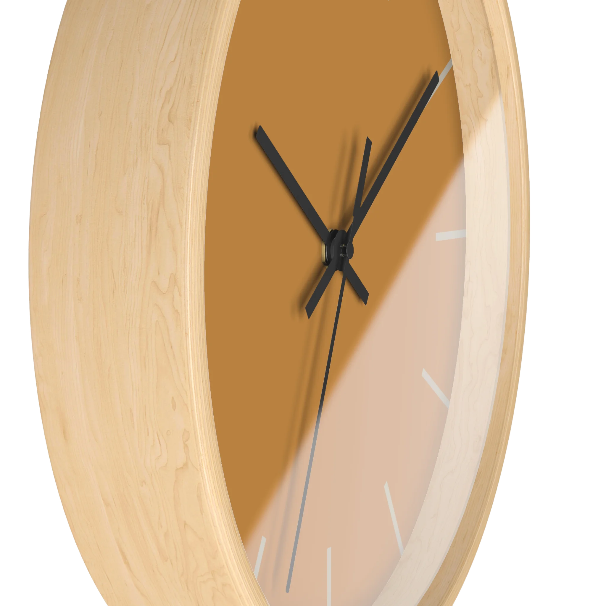 Amber apple cider silent wall clock, wooden base, black hands, ivory grey markers, 10 inch, side view.