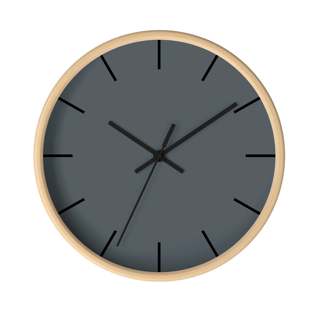 Anchor grey slate silent wall clock, wooden base, black hands, black markers, 10 inch, front view.