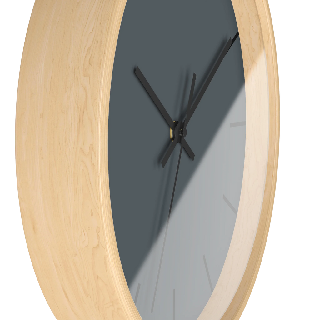 Anchor grey slate silent wall clock, wooden base, black hands, black markers, 10 inch, side view.