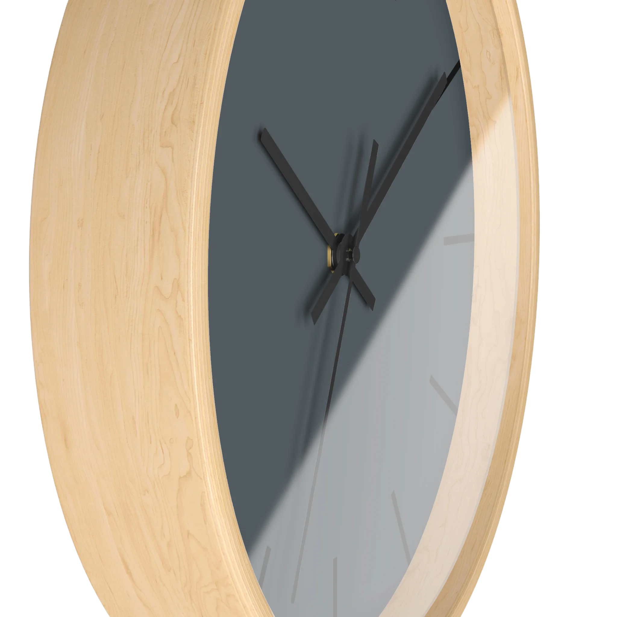 Anchor grey slate silent wall clock, wooden base, black hands, black markers, 10 inch, side view.