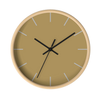 Ash mustard silent wall clock, wooden base, black hands, stardust grey markers, 10 inch, front view.