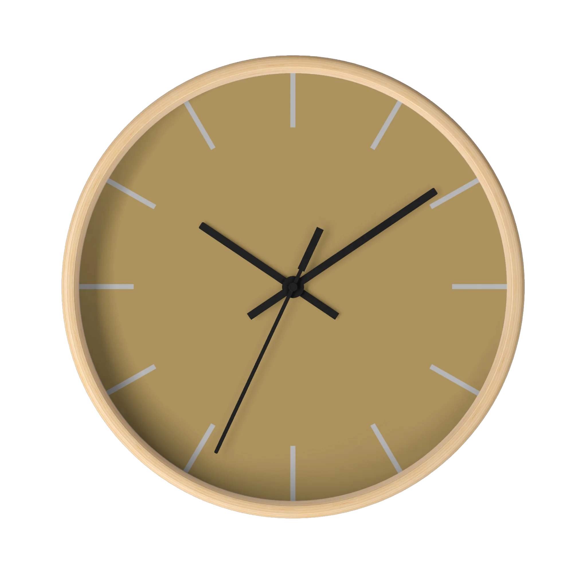 Ash mustard silent wall clock, wooden base, black hands, stardust grey markers, 10 inch, front view.