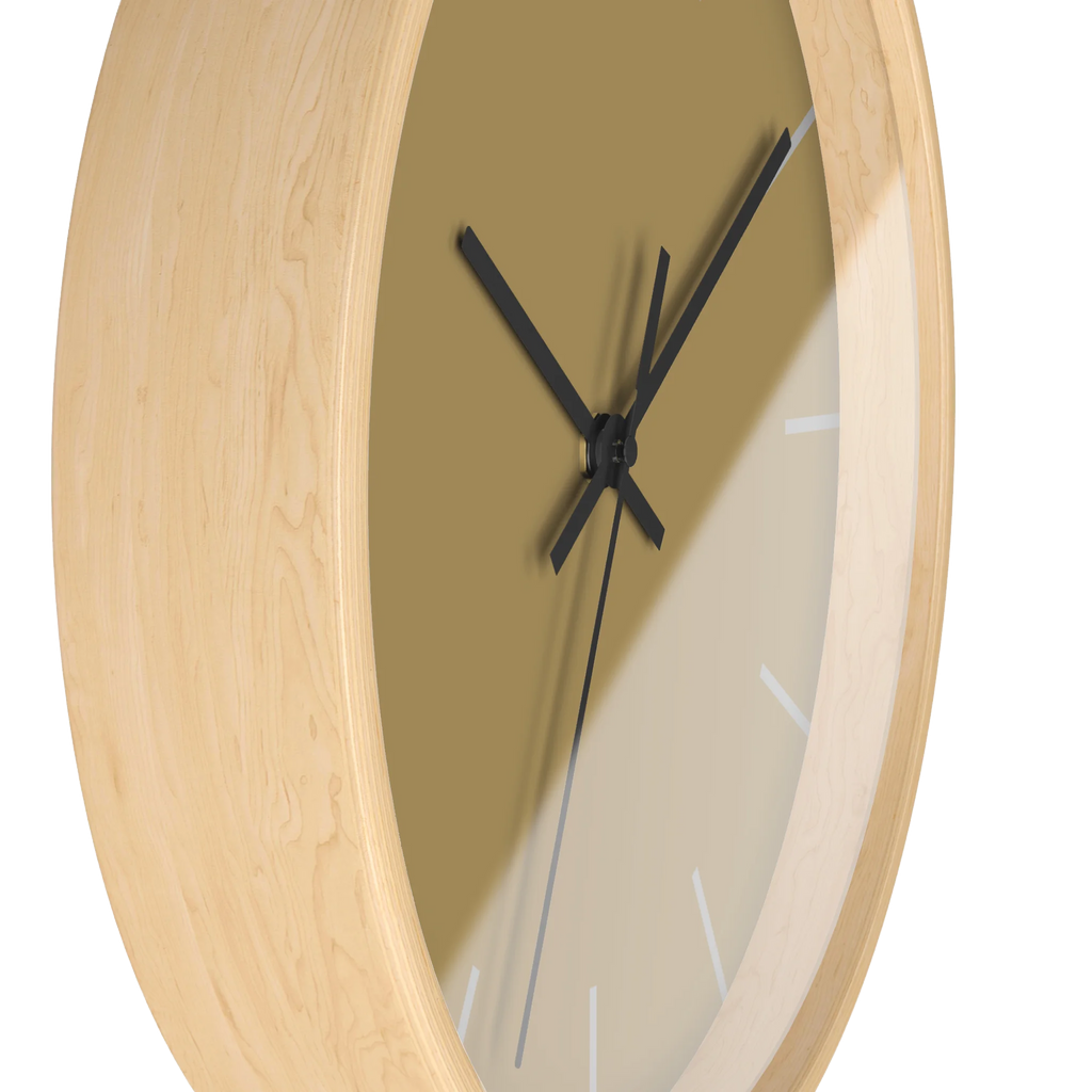 Ash mustard silent wall clock, wooden base, black hands, stardust grey markers, 10 inch, side view.