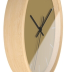 Ash mustard silent wall clock, wooden base, black hands, stardust grey markers, 10 inch, side view.