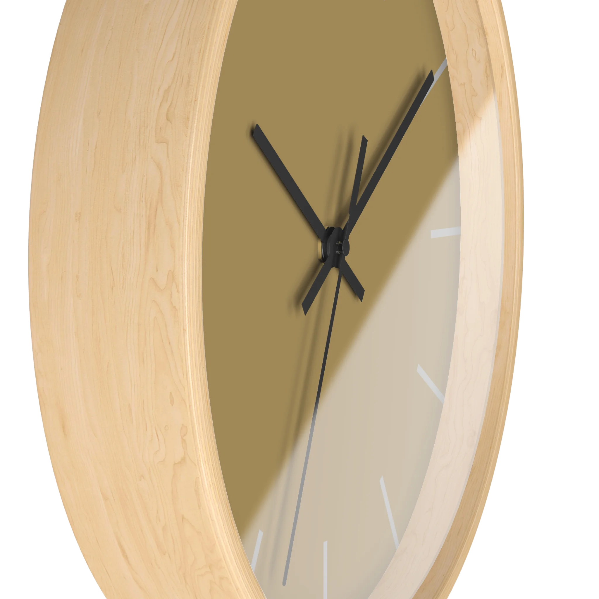 Ash mustard silent wall clock, wooden base, black hands, stardust grey markers, 10 inch, side view.