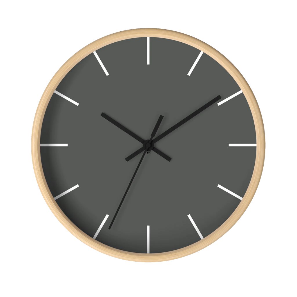Atomic grey silent wall clock, wooden base, black hands, white markers, 10 inch, front view.