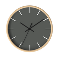 Atomic grey silent wall clock, wooden base, black hands, white markers, 10 inch, front view.