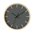 Atomic grey silent wall clock, wooden base, black hands, white markers, 10 inch, front view.