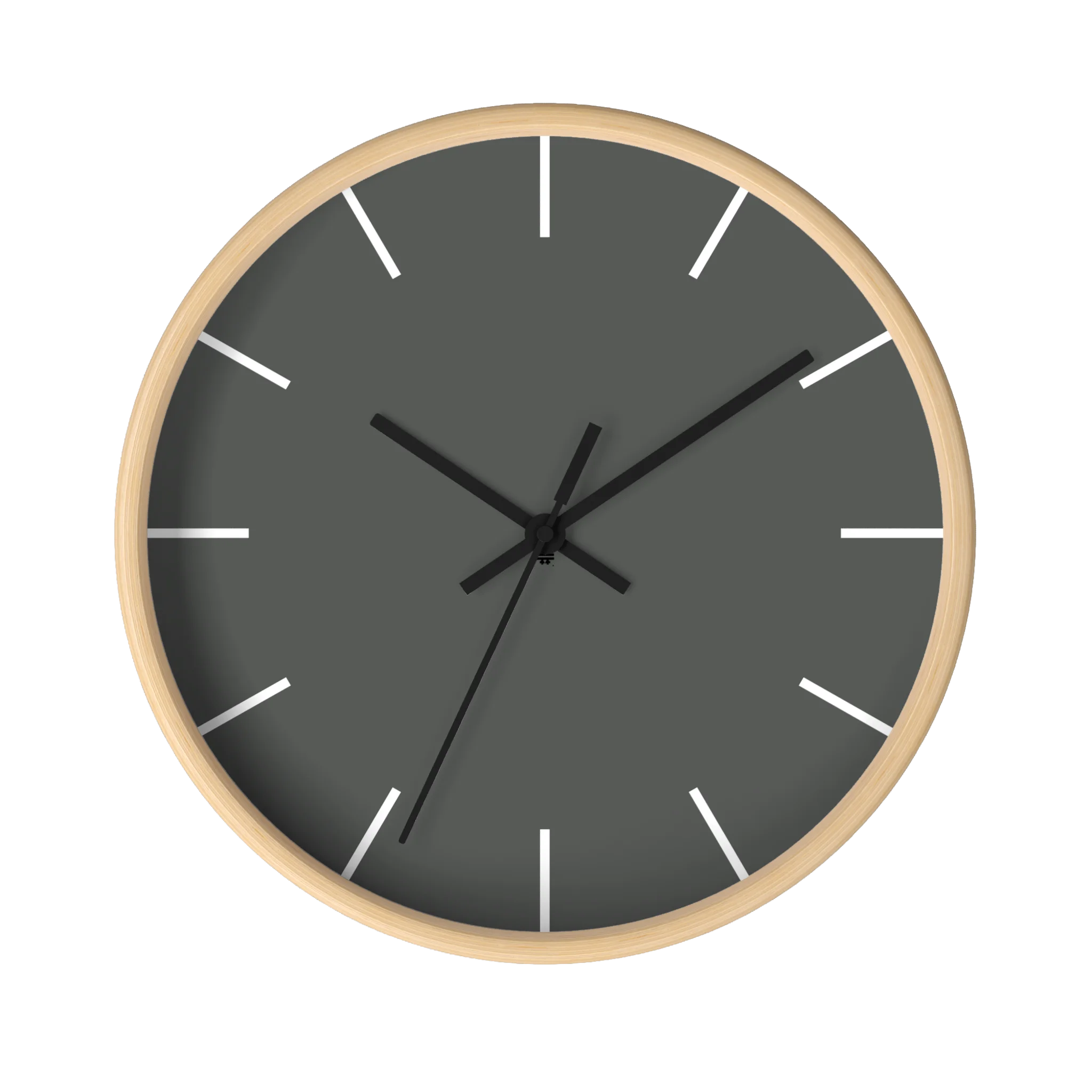Atomic grey silent wall clock, wooden base, black hands, white markers, 10 inch, front view.