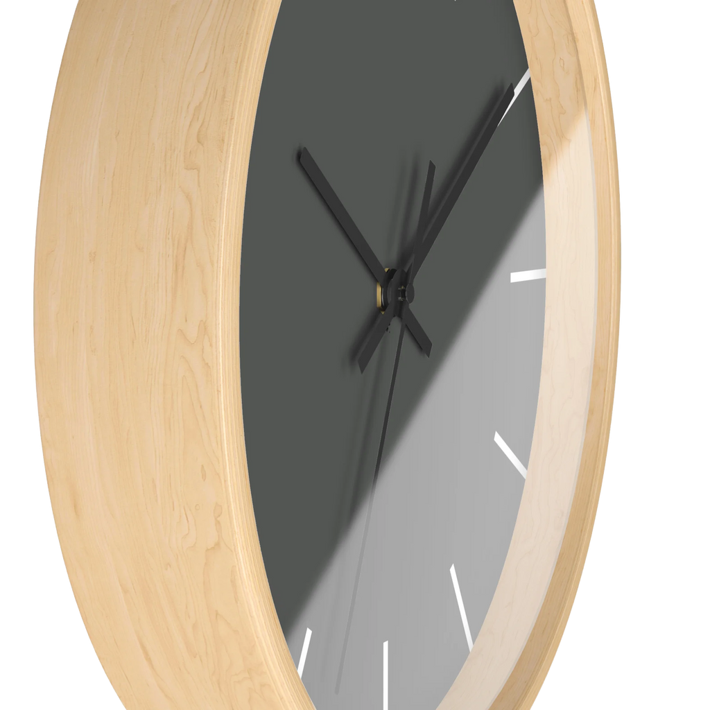 Atomic grey silent wall clock, wooden base, black hands, white markers, 10 inch, side view.