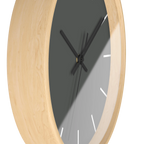 Atomic grey silent wall clock, wooden base, black hands, white markers, 10 inch, side view.