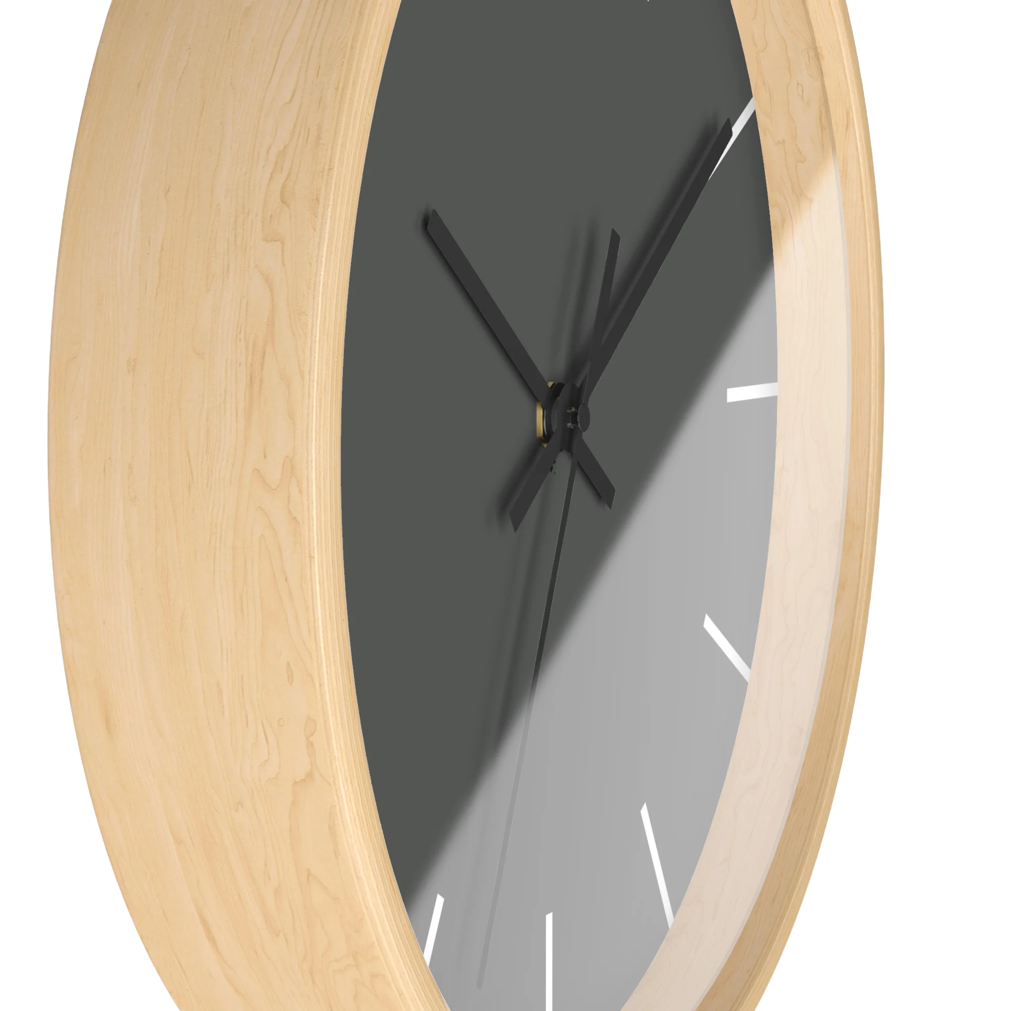 Atomic grey silent wall clock, wooden base, black hands, white markers, 10 inch, side view.